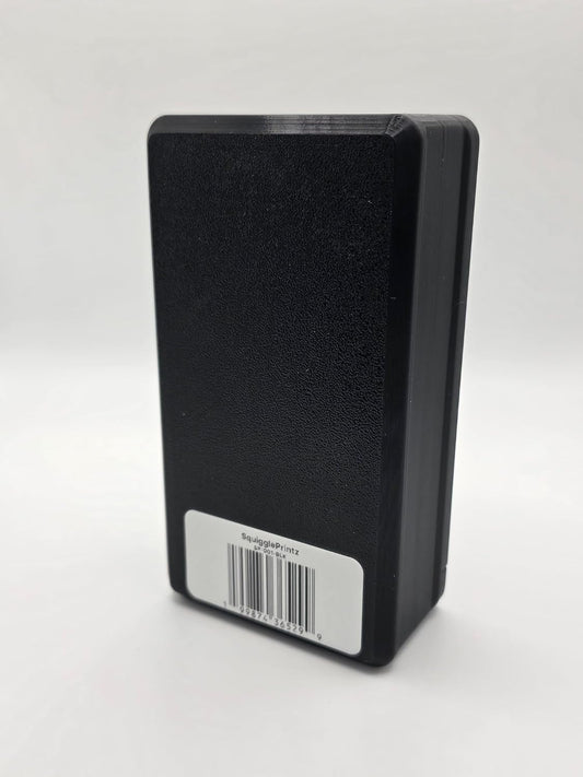 Black sliding-lid 9mm cartridge storage box closed on white background
