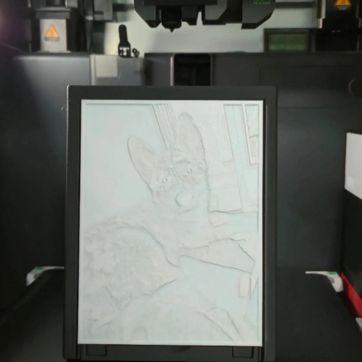 3D printer creating a detailed lithophane of a dog's portrait on white material