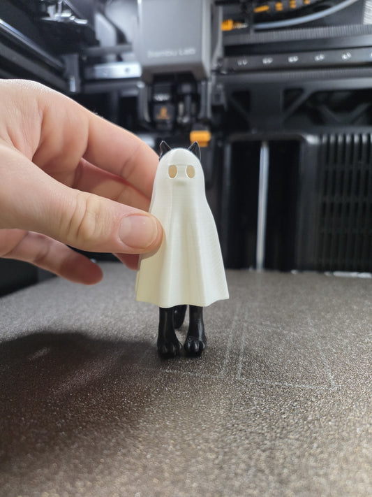 Cat Ghost 3D printed figure held in hand showing black cat legs and size