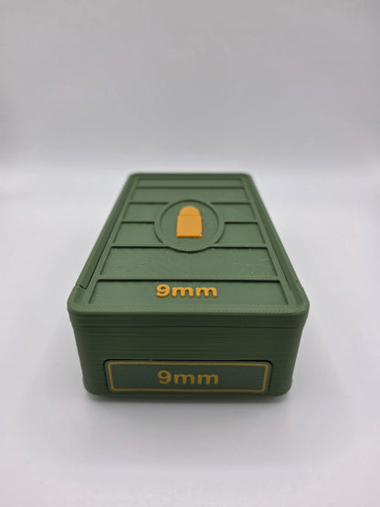 Olive green 3D printed 9mm ammo storage box with raised 9mm label, front view