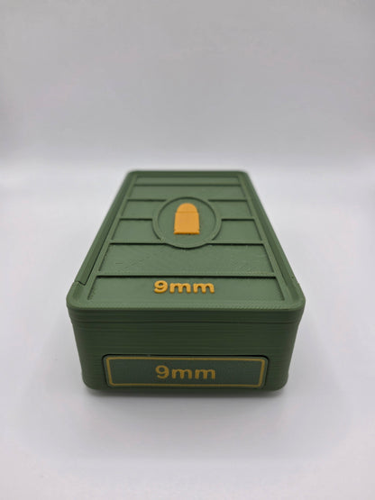 Olive green 3D printed 9mm ammo storage box, front view