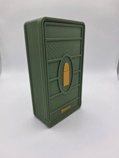 Angled side view of closed olive green 9mm ammo storage box