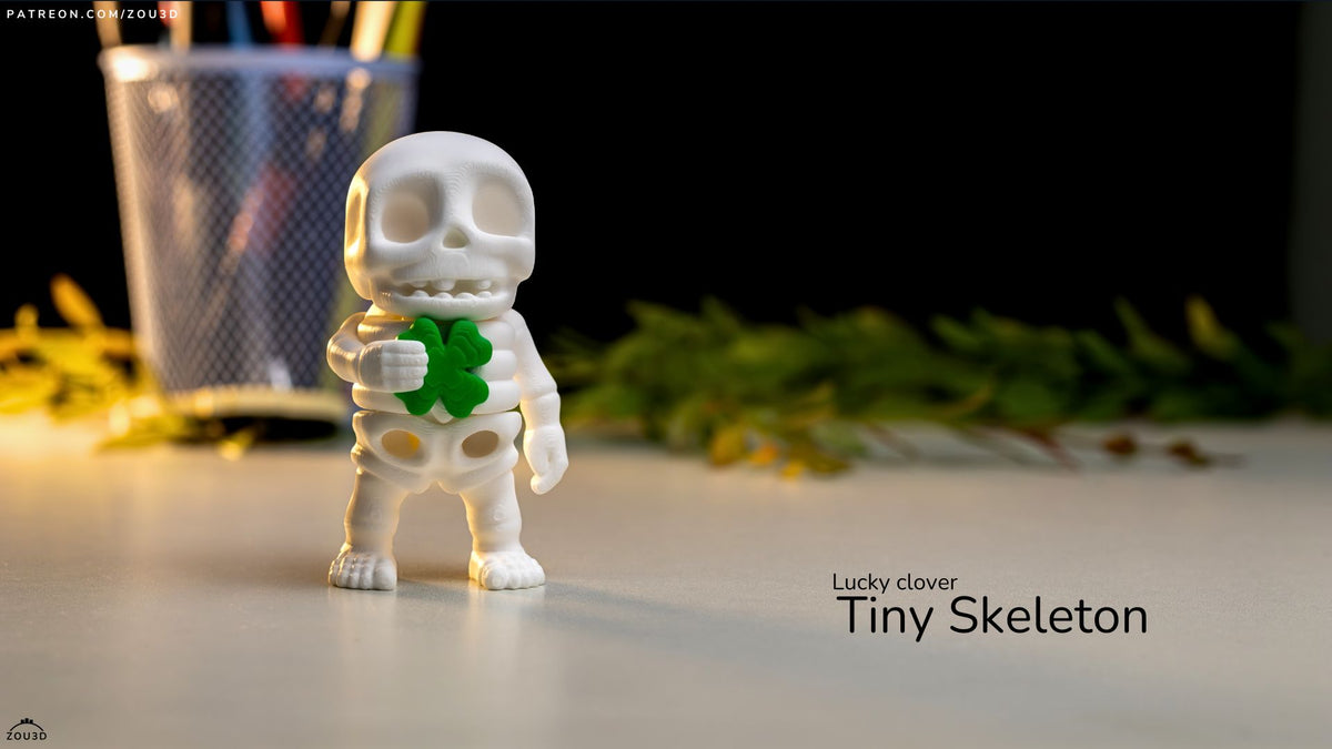 Lucky Clover Tiny Skeleton - 3D printed collectible figure, design by ZOU3D