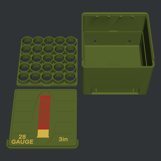 28 gauge 25 shell 3D printed ammo storage box by SquigglePrintz: lid marked 28 GAUGE 3in, shell tray and box