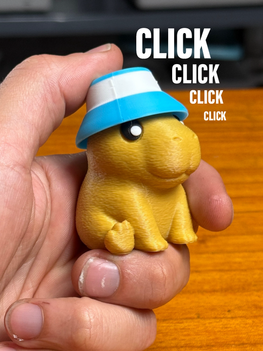 Capybara fidget clicker with a bucket hat and eyes, a multi-part 3D printed desk toy