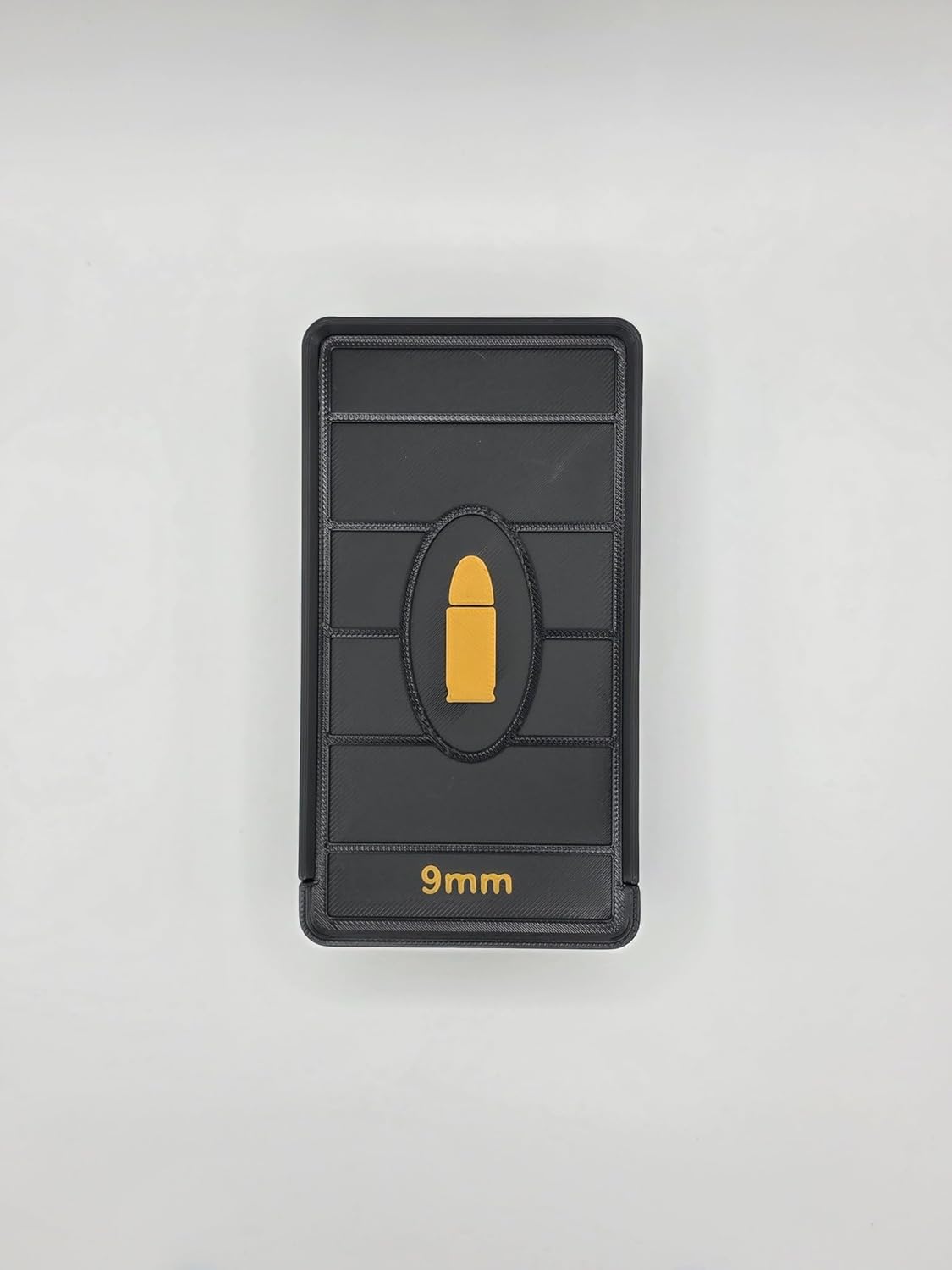 Front view of Black 50-capacity 9mm cartridge storage box