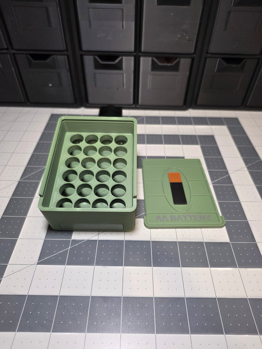 Green 3D printed AA battery storage case with 24 slots and sliding lid by SquigglePrintz