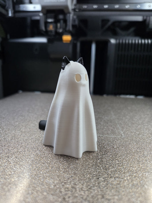 Cat Ghost 3D printed figure, white sheet ghost with black cat ears, front view
