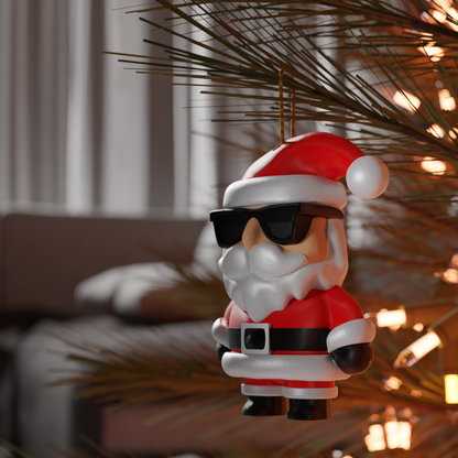 Cool Santa ornament shown hanging on a tree.