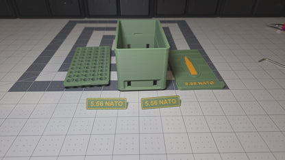 Video showing the 5.56 NATO 50-round 3D printed ammo storage case by SquigglePrintz